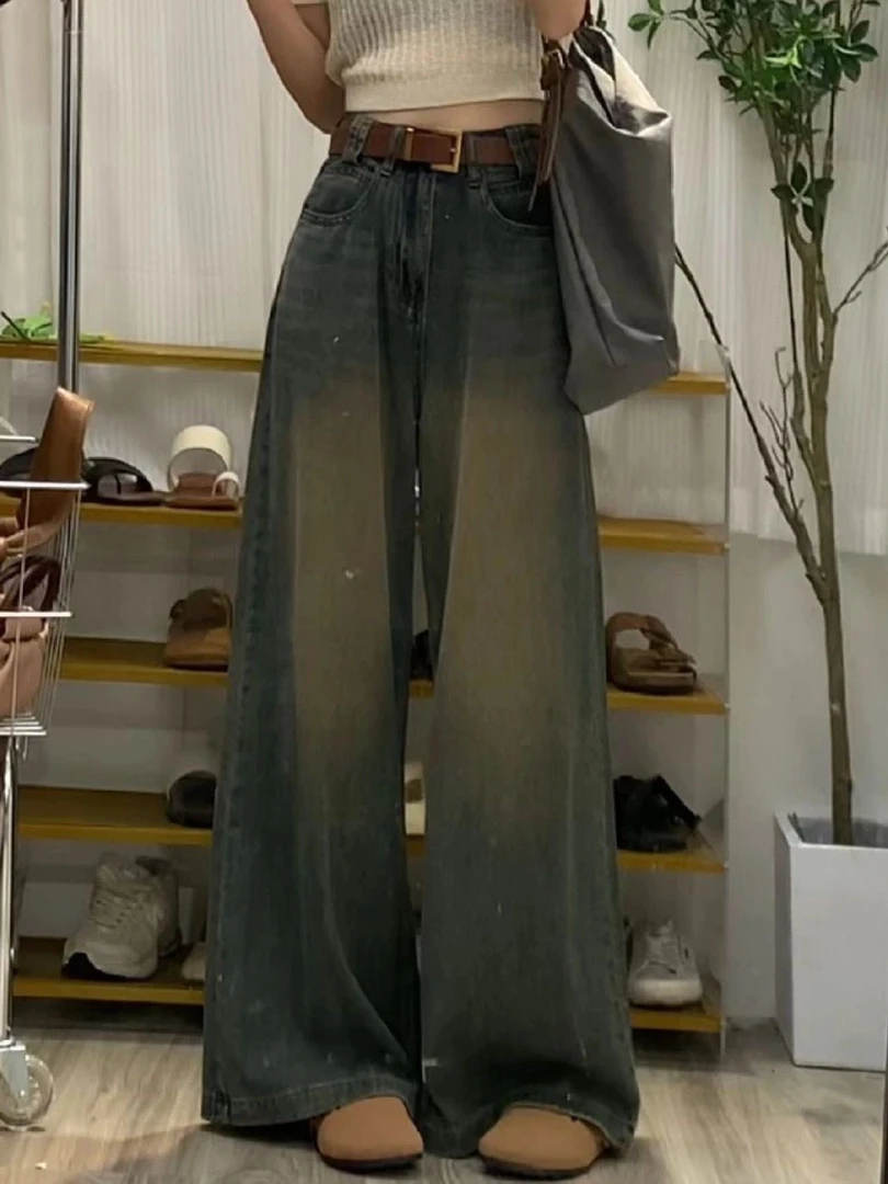 美式复古做旧阔腿牛仔裤女秋季小个子垂感显瘦宽松高腰直筒拖地裤