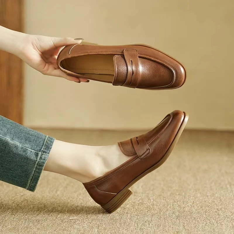 英伦风平底乐福鞋女春秋真皮复古棕色小皮鞋百搭圆头单鞋软皮女鞋
