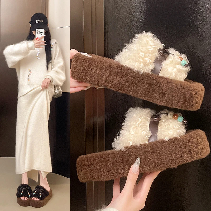 运费险-毛拖鞋女外穿2025秋冬季厚底增高百搭毛绒泰迪卷毛毛鞋