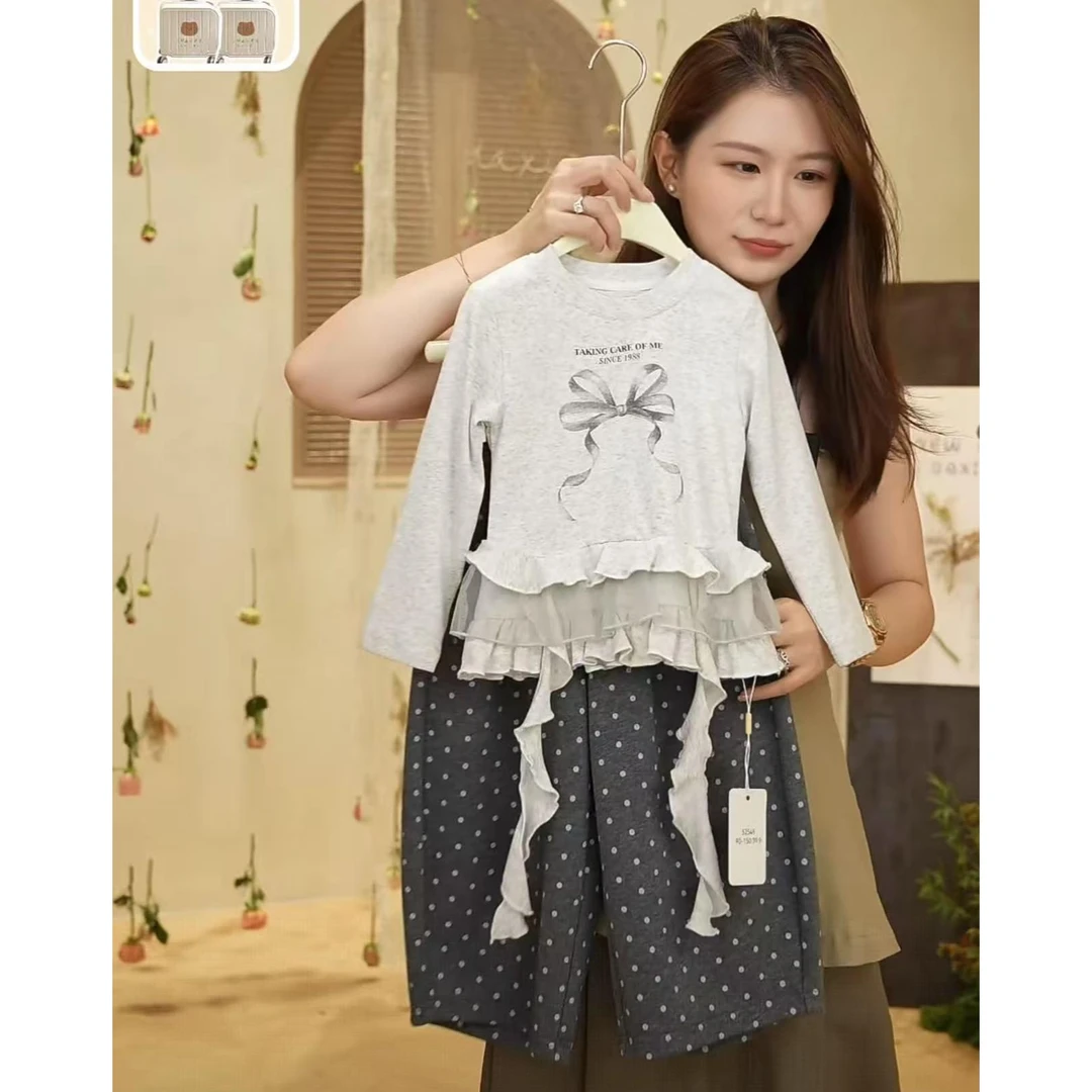 【大小卷】秋季女童字母蝴蝶结印花长袖T波点套装-52545