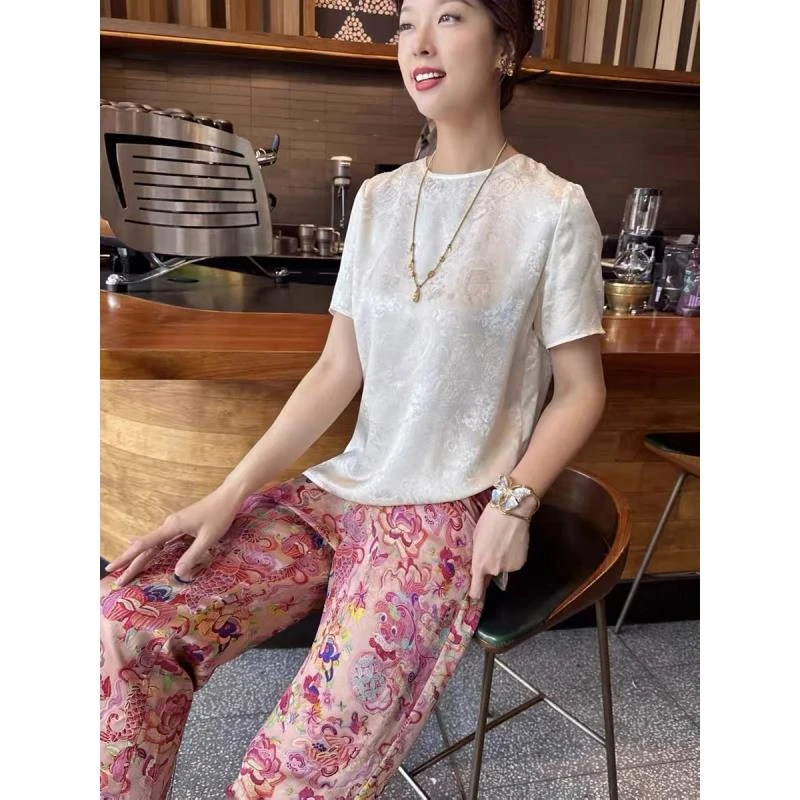 【麒麟裤】中式白色阔腿裤女春秋新款中国风提花女裤8615