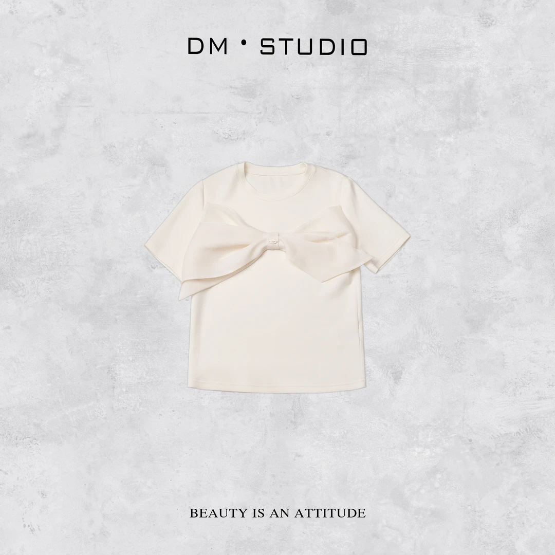 -DM•STUDIO/减龄休闲百搭蝴蝶结纯色圆领短袖上衣T恤（A28056）