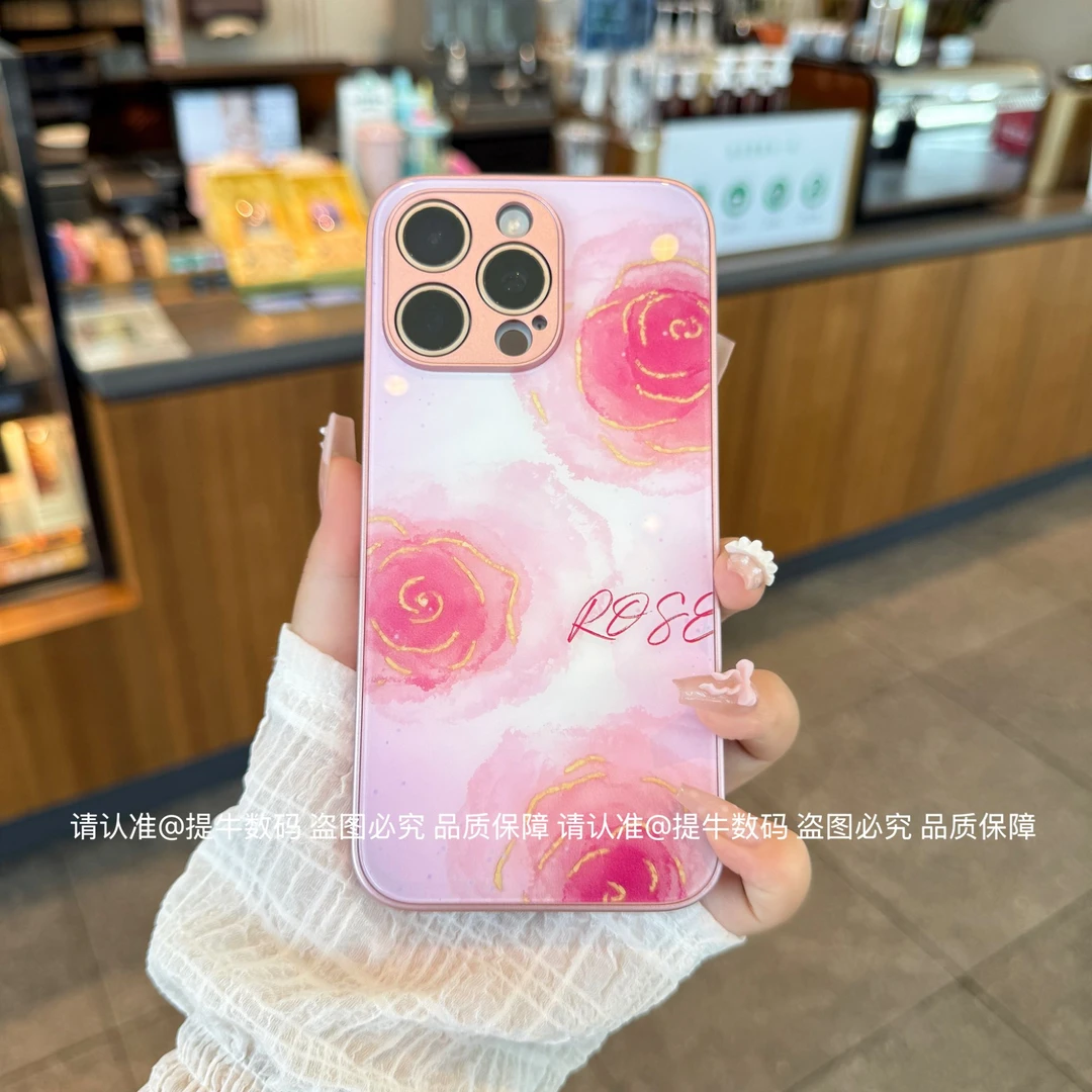 苹果/小米/华为/荣耀/OPPO/VIVO 点金玫瑰金属漆钢化玻璃手机壳