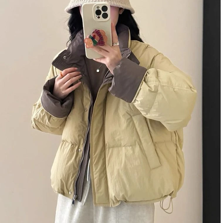 撞色立领短版羽绒衣女2025冬季新款韩版宽松加厚小个子休闲外套潮