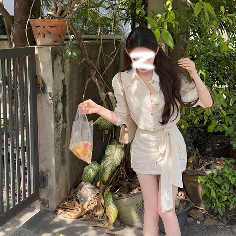 法式气质镂空长袖衬衫上衣女2025春夏新款小众收腰包臀短裙两件套