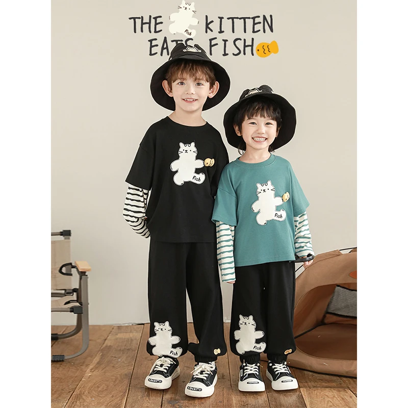 YOEHYAUL/幼悠春叁波【馋嘴猫】贴画玩偶小鱼条纹袖假两件T恤N5828