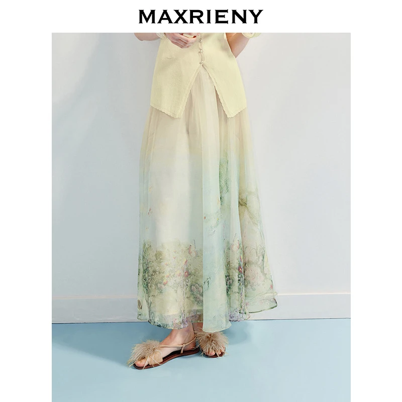 【商场同款】MAXRIENY仙美浪漫感油画印花真丝半裙25夏款桑蚕丝裙