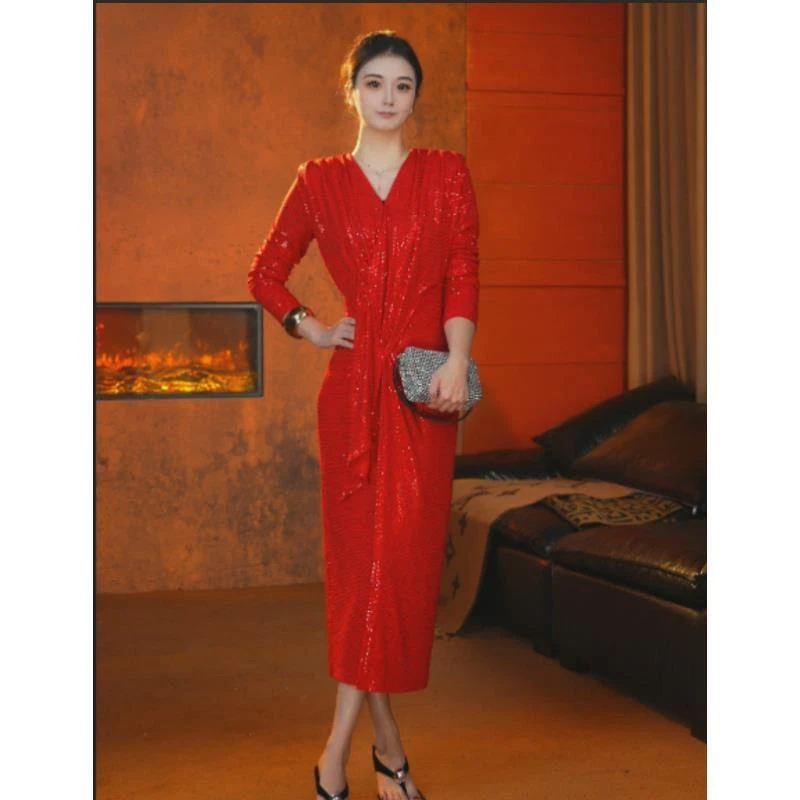 朱雀红彩色镭射珠片显瘦遮肉气质轻奢秋季减龄长袖连衣裙A005-悦