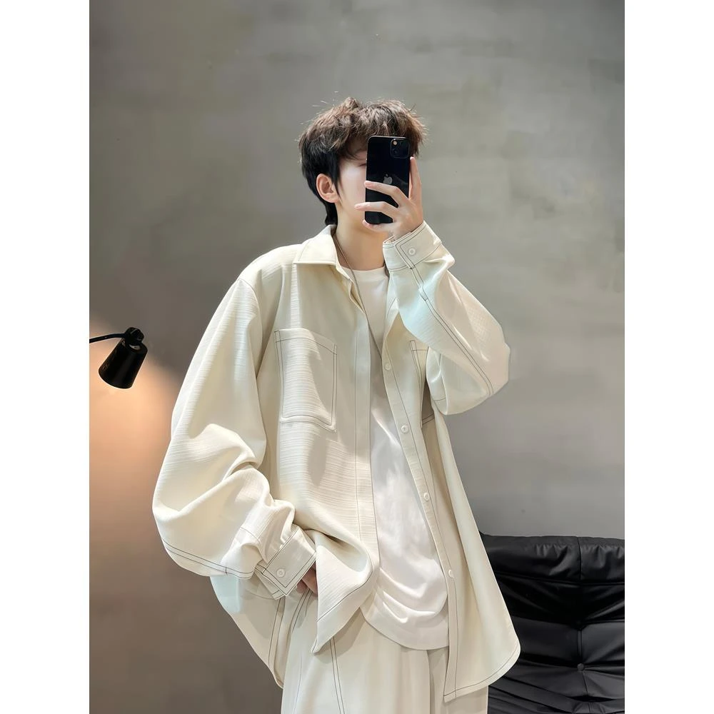 米白色麻料长袖衬衫套装秋季ootd穿搭慵懒松弛感衬衣长裤搭配一套