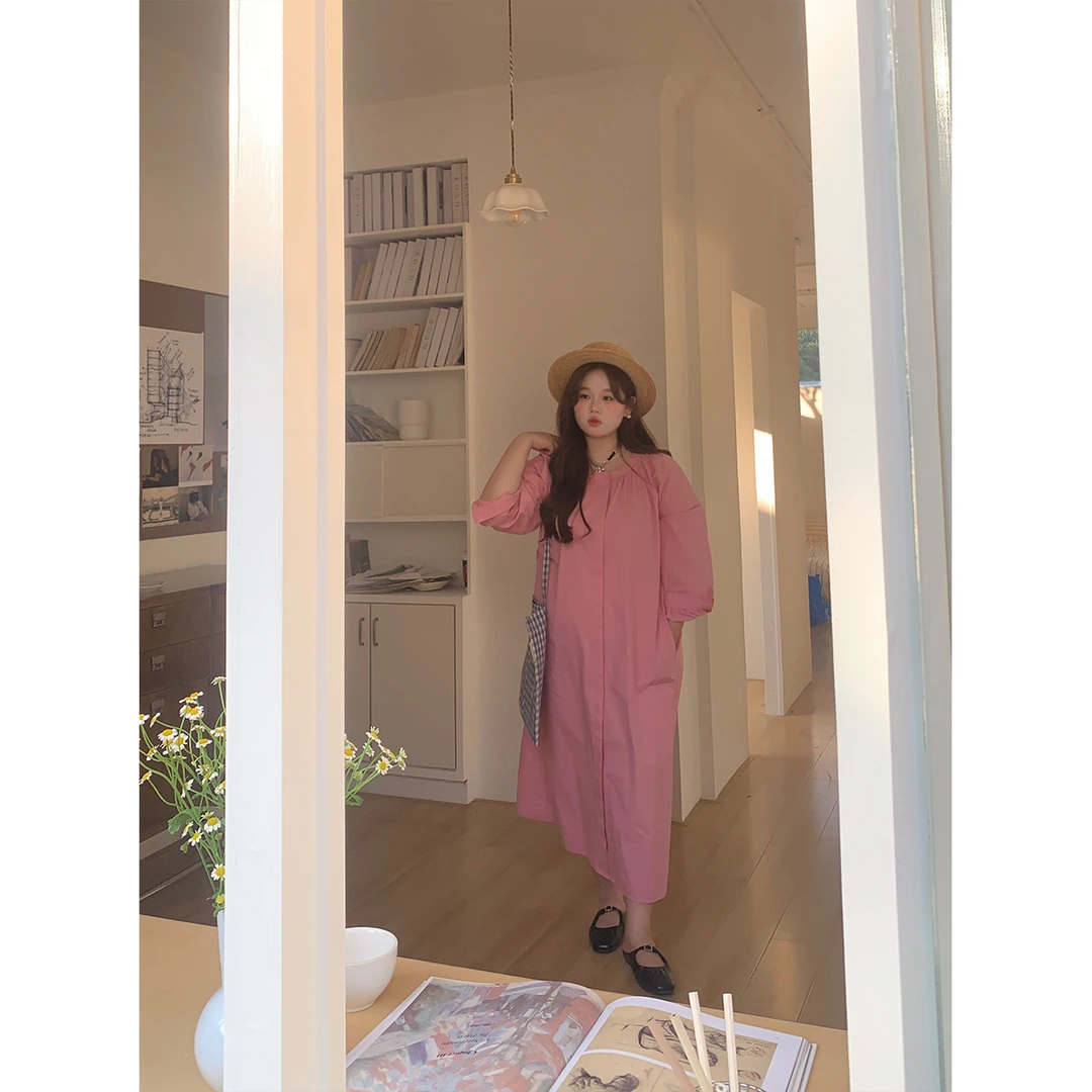 徐达布【西西里假日】大码粉色圆领长裙女时尚长袖裙子L29085C51