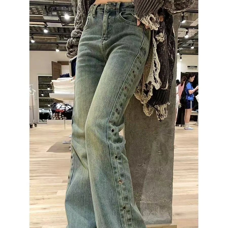 57625/139-9  复古色高腰微喇叭牛仔裤女直筒拖地裤