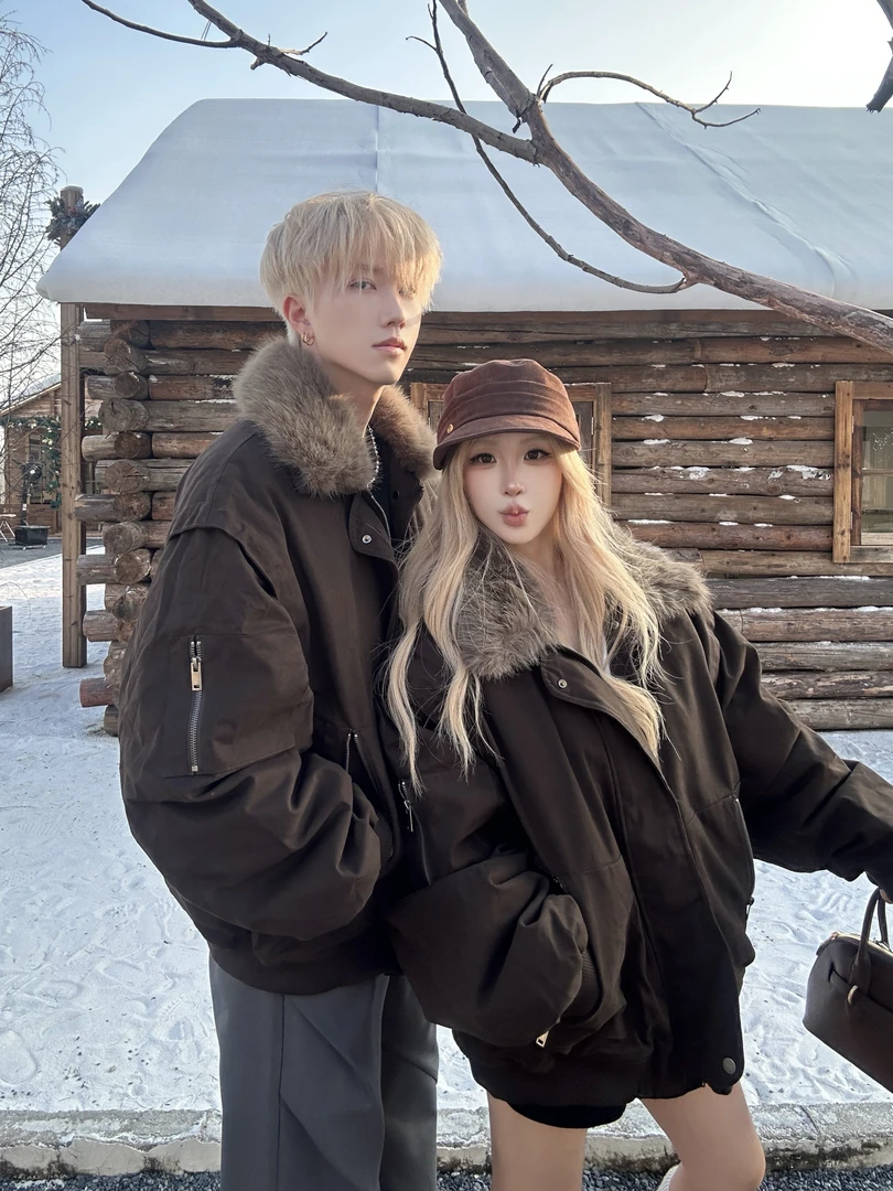 情侣装秋冬宽松型美式复古毛领可拆卸棉袄加厚棉服外套潮