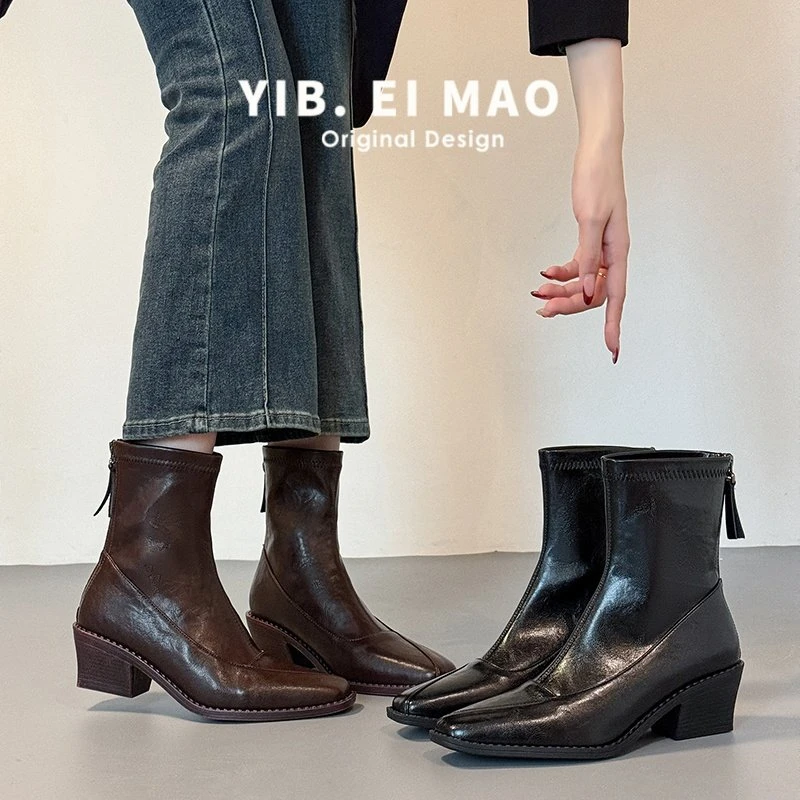 复古方头粗跟百搭马丁短靴女软皮拼接切尔西靴加绒后拉链瘦瘦靴子