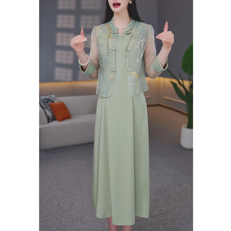 新中式国风复古刺绣时尚套装女2025春季新款气质减龄连衣裙两件套