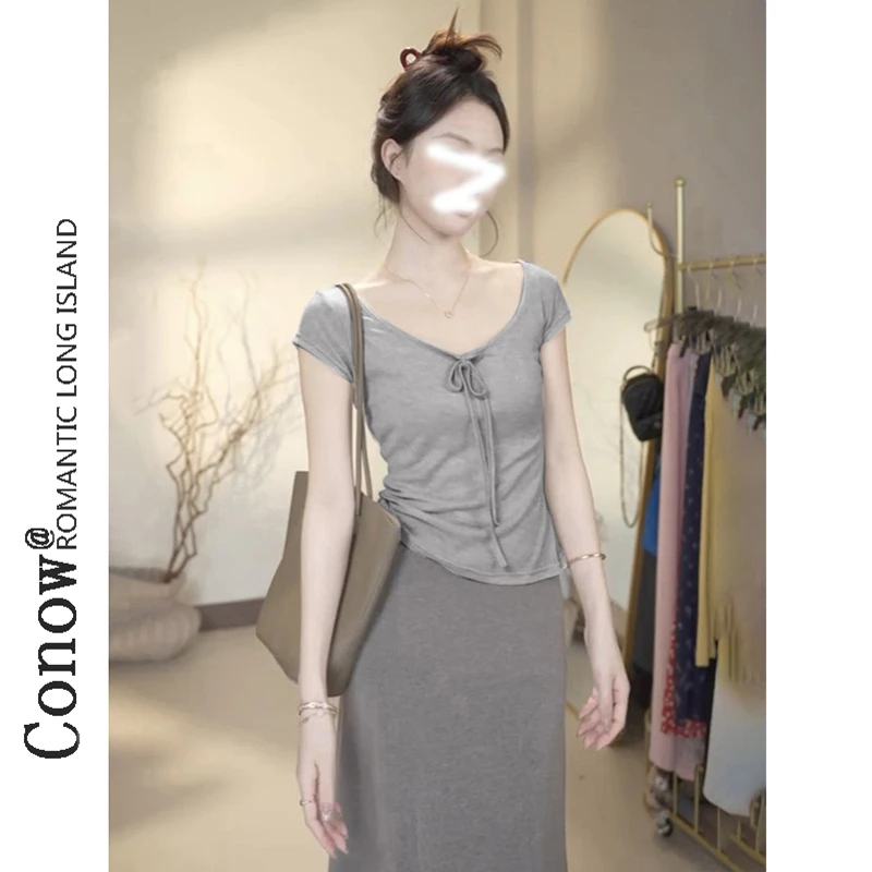 夏季低U领挂脖正肩收腰修身上衣小众设计感大领口短袖T恤女