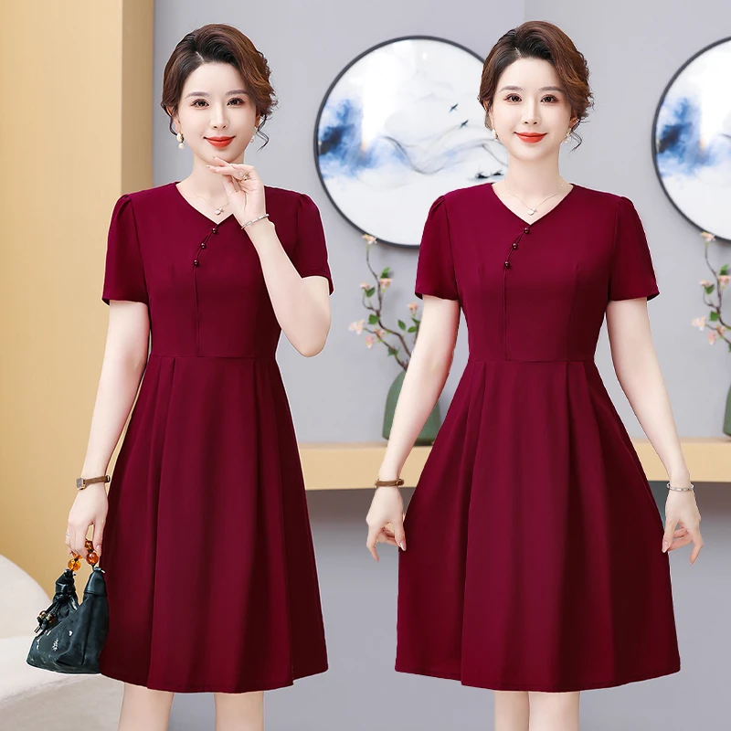妈妈夏装连衣裙新款喜婆婆婚宴装中老年女士夏季纯色短袖气质裙子