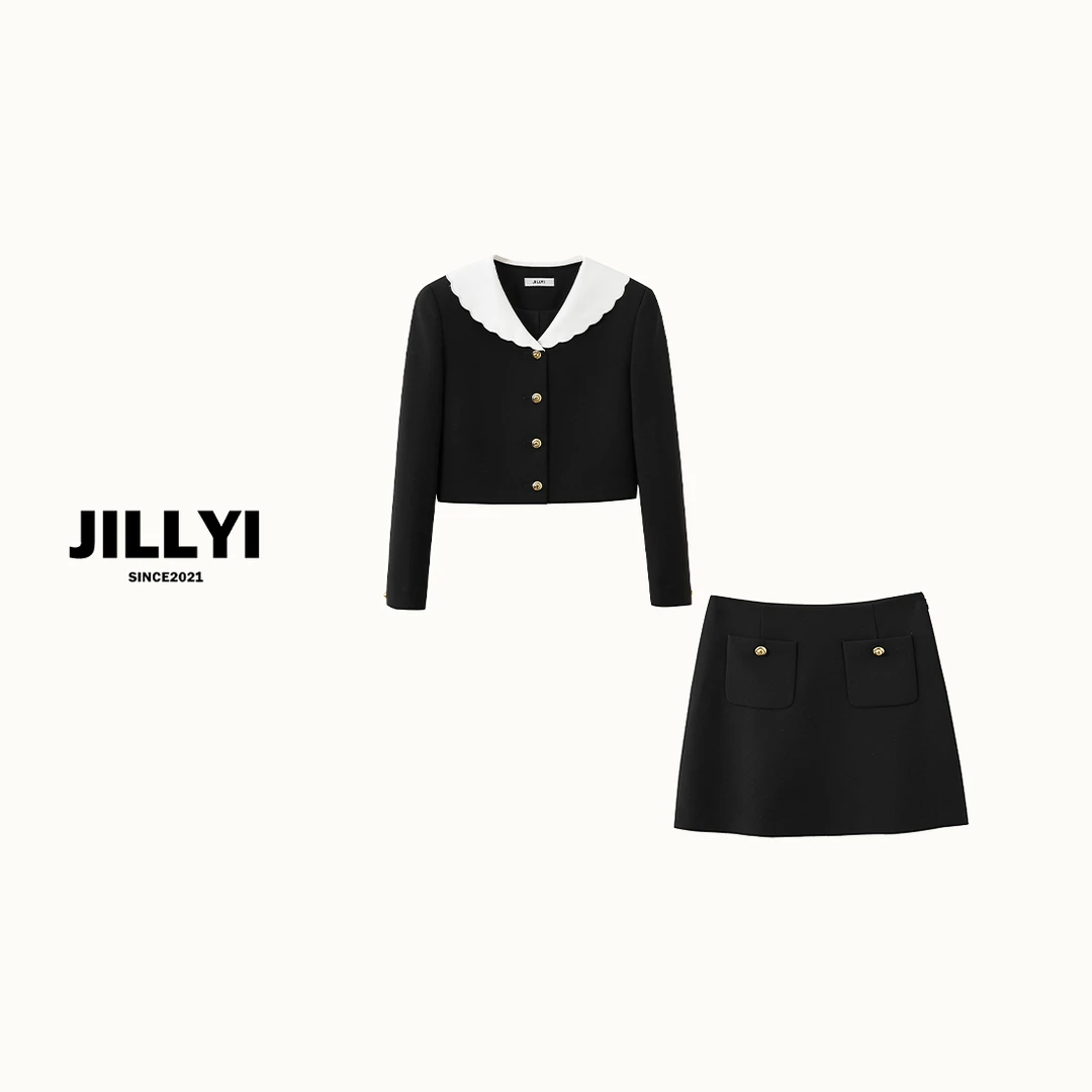 jillyi【月夜篇章】黑白撞色单排扣短外套+简约黑色半身裙时尚套装