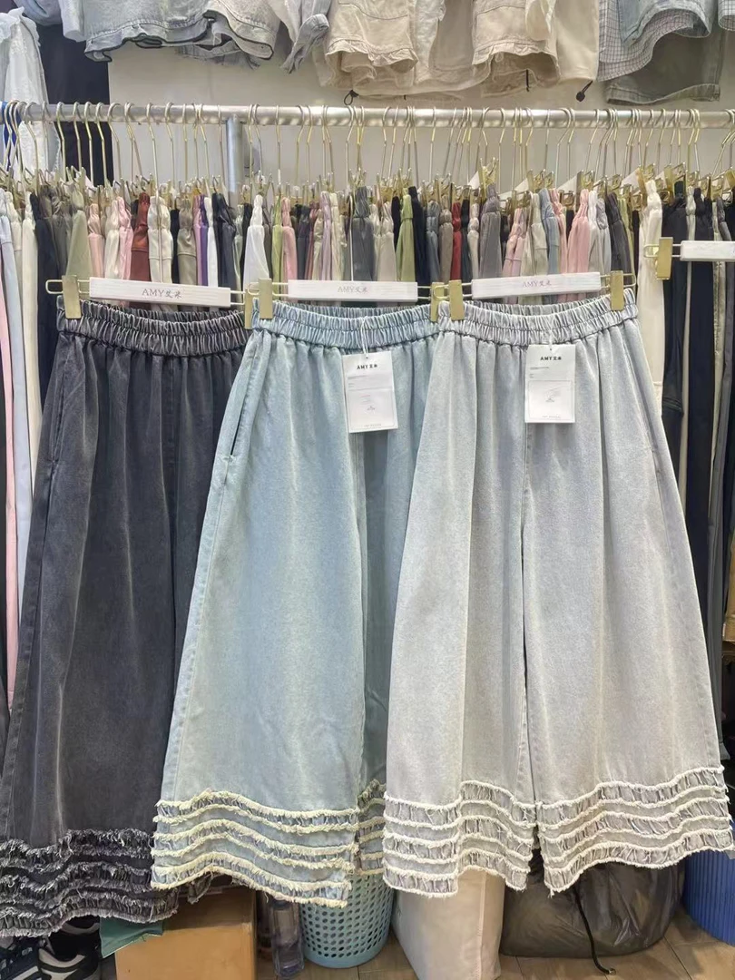 AMY#2664#多层花边阔腿牛仔裤