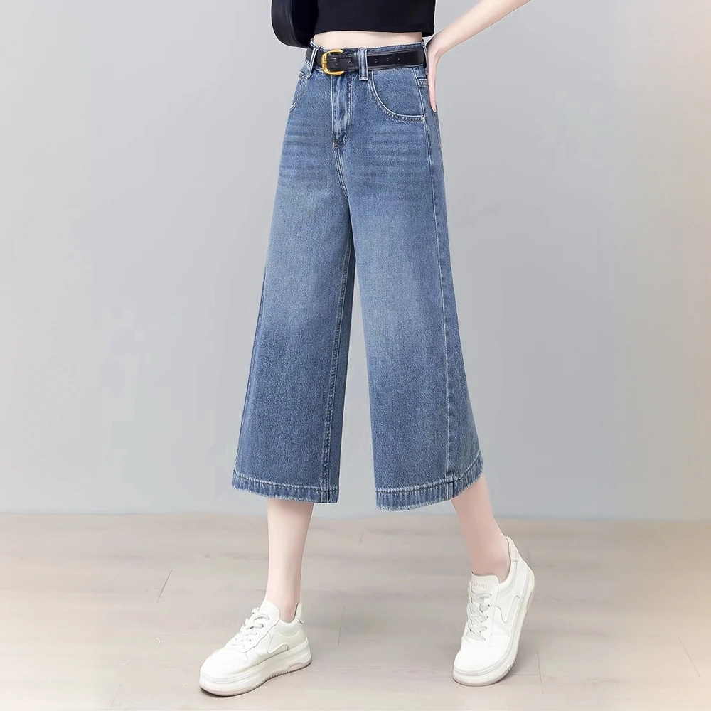 2025新款牛仔阔腿裤女夏季薄款高腰宽松小个子八分裤百搭七分中裤