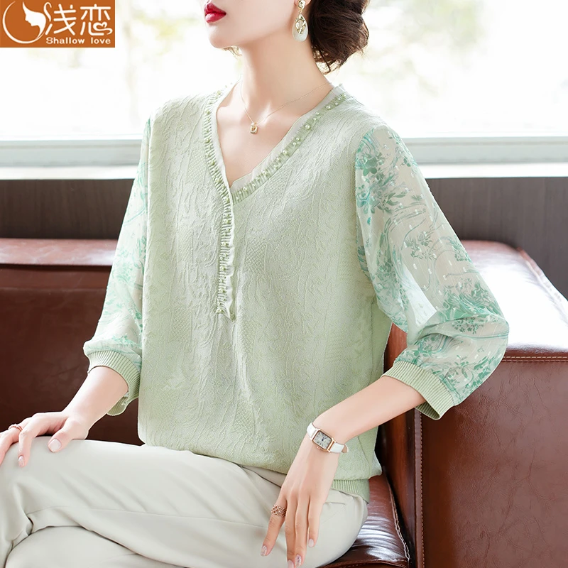 QianLian/浅恋夏季新款V领钉珠妈妈装时尚气质薄款上衣显瘦T恤