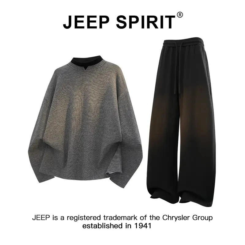 Jeep吉普秋季男士套装假两件半高领长袖t恤宽松休闲阔腿裤两件套