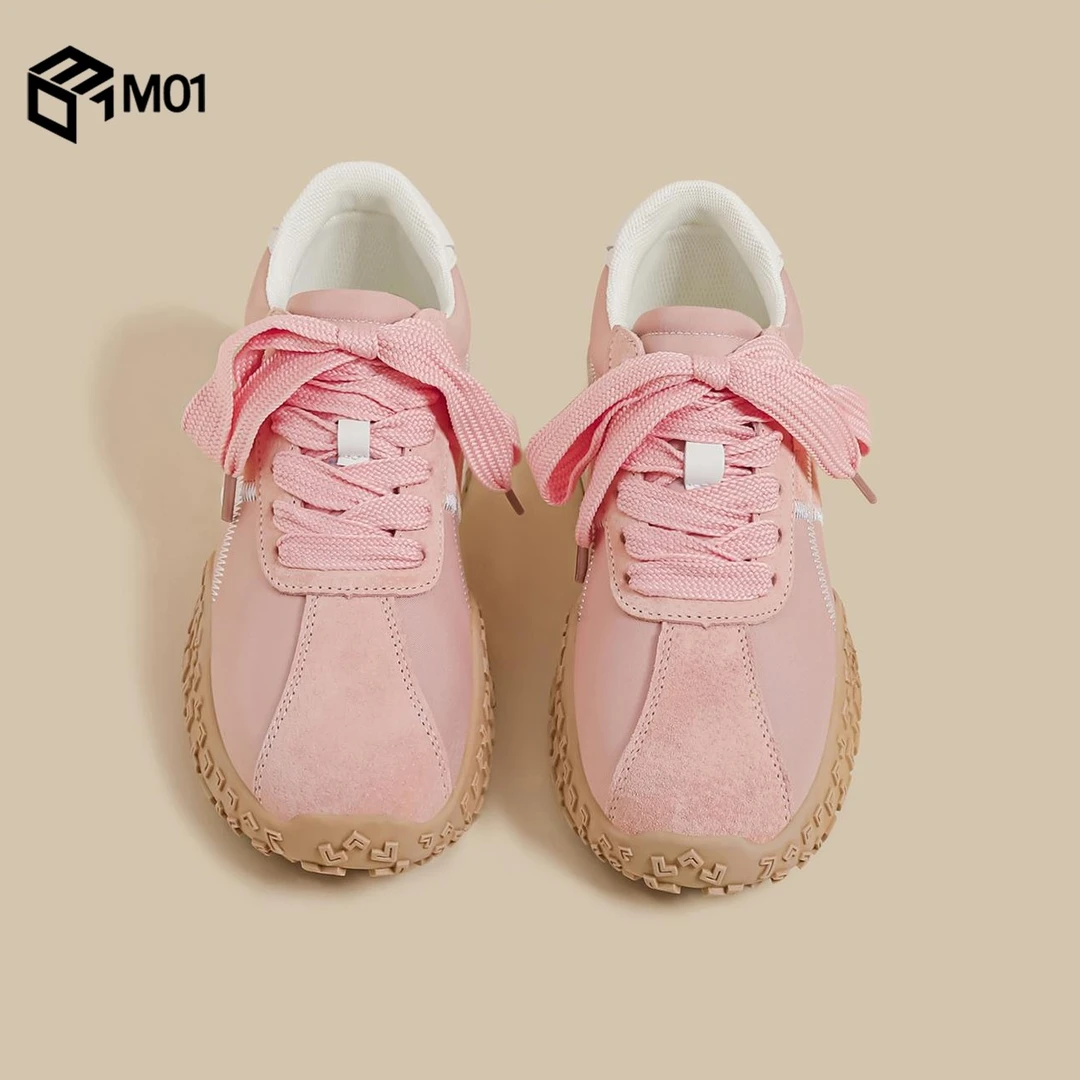 M01秋季新款厚底老爹鞋女粉色复古轮胎运动慢跑鞋阿甘休闲德训鞋