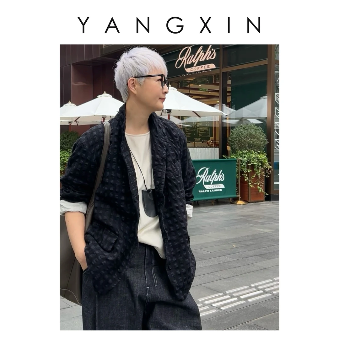 【无龄·杨昕】“法式慵懒”复古宽松痞帅格子外套翻领单排扣SS01015