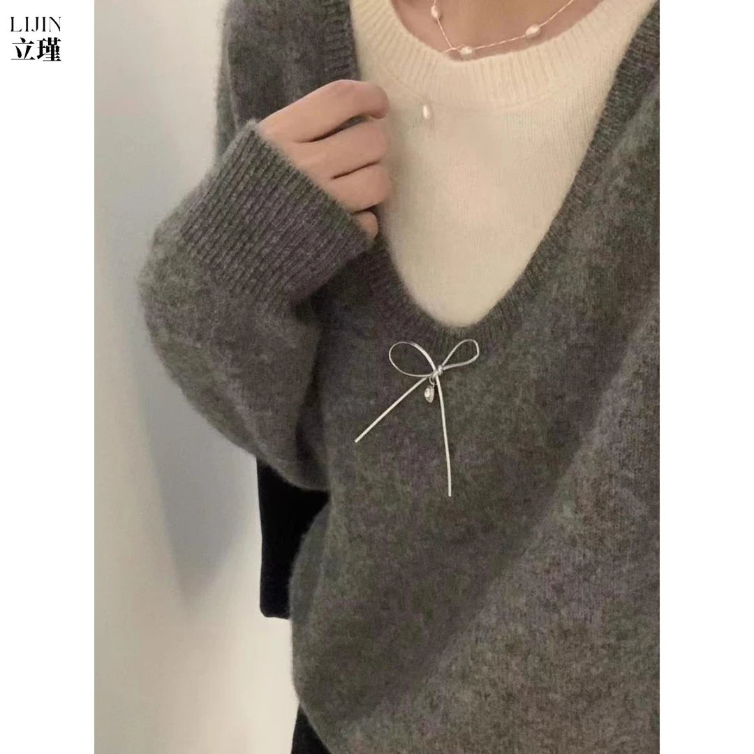 蓝色假两件超好看内搭套头毛衣女秋冬打底衫高级感宽松针织衫上衣