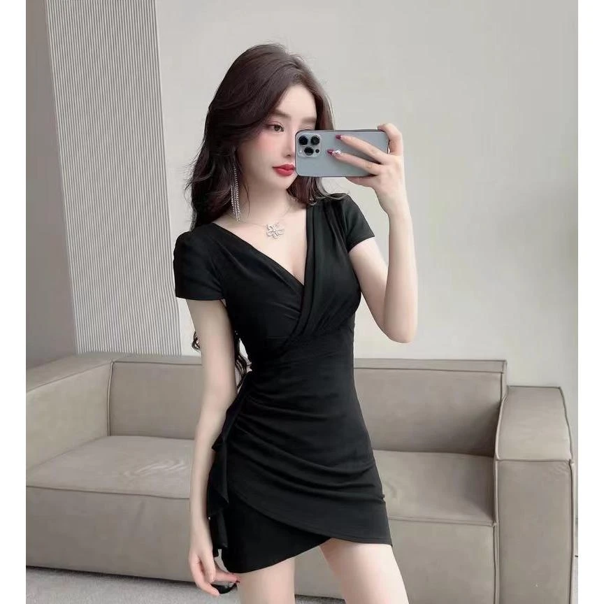 夜总店工作服连衣裙女装辣妹性感V领低胸紧身褶皱不规则包臀短裙