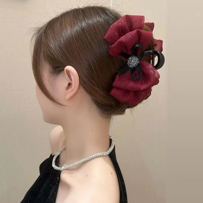 黑色蝴蝶结闪钻网纱抓夹优雅气质百搭后脑勺鲨鱼夹发饰温柔女