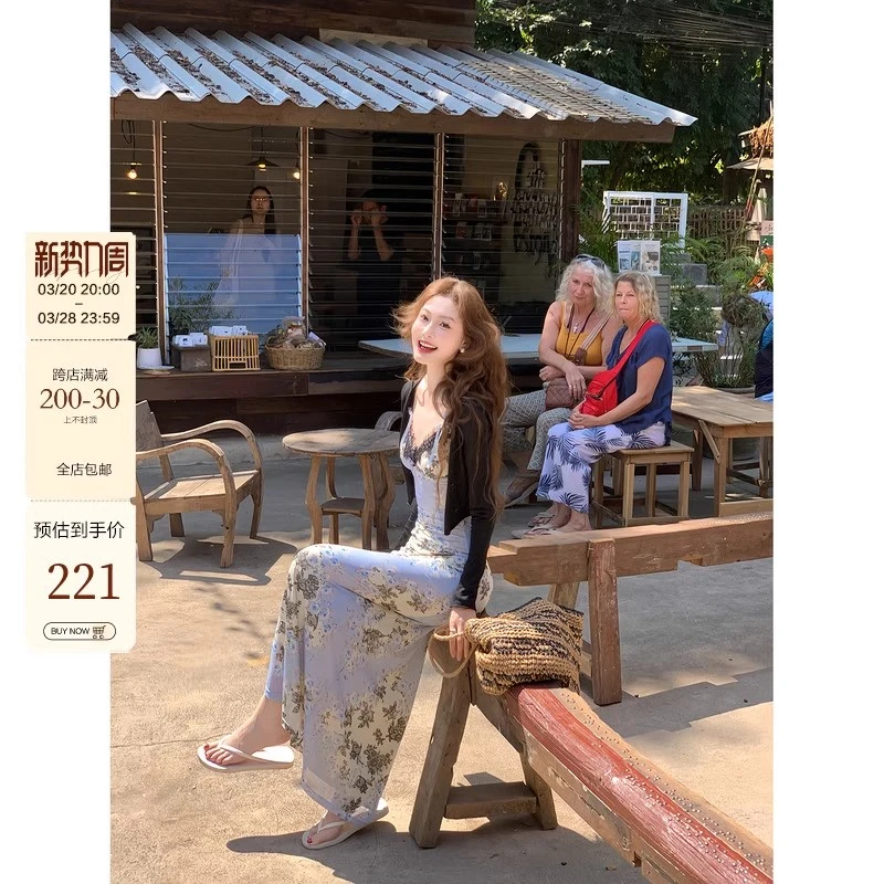 吃绿色菜【奥黛丽】油画感重工拼接蕾丝收腰印花网纱连衣裙女夏季