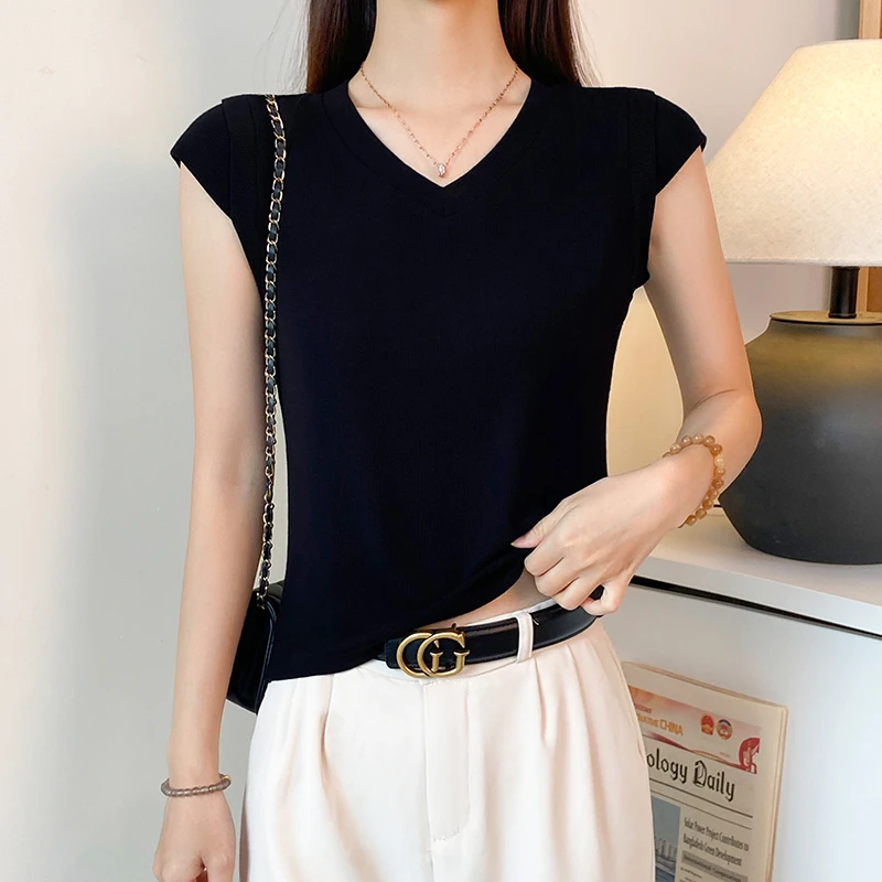 螺纹V领短袖t恤女夏季修身吊带背心显瘦打底衫百搭飞飞袖设计上衣