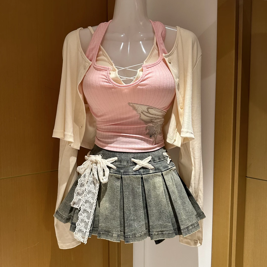 MUA家盛夏蜜桃少女上衣牛仔百褶裙夏季款