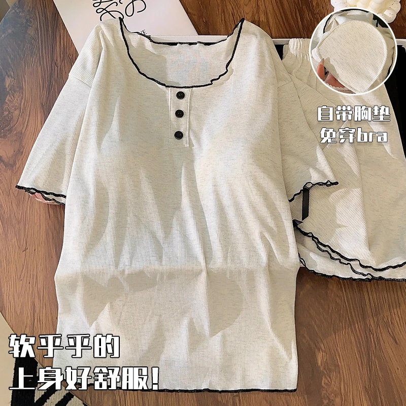 夏季睡衣女带胸垫短袖蝴蝶结少女套装2025新款可外穿夏天家居服薄