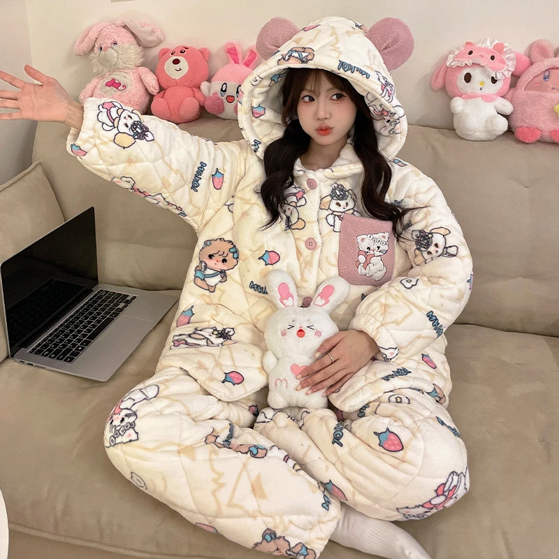 冬三层夹棉加绒加厚珊瑚绒睡衣女款爆款2025新款法兰绒连帽家居服