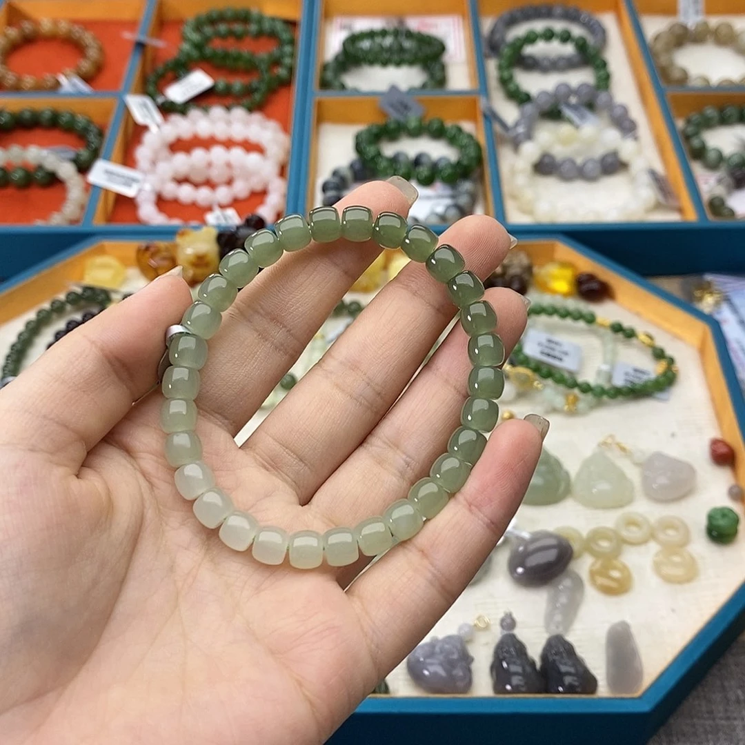 和田玉未镶嵌手链w28晴水渐变直切7mm