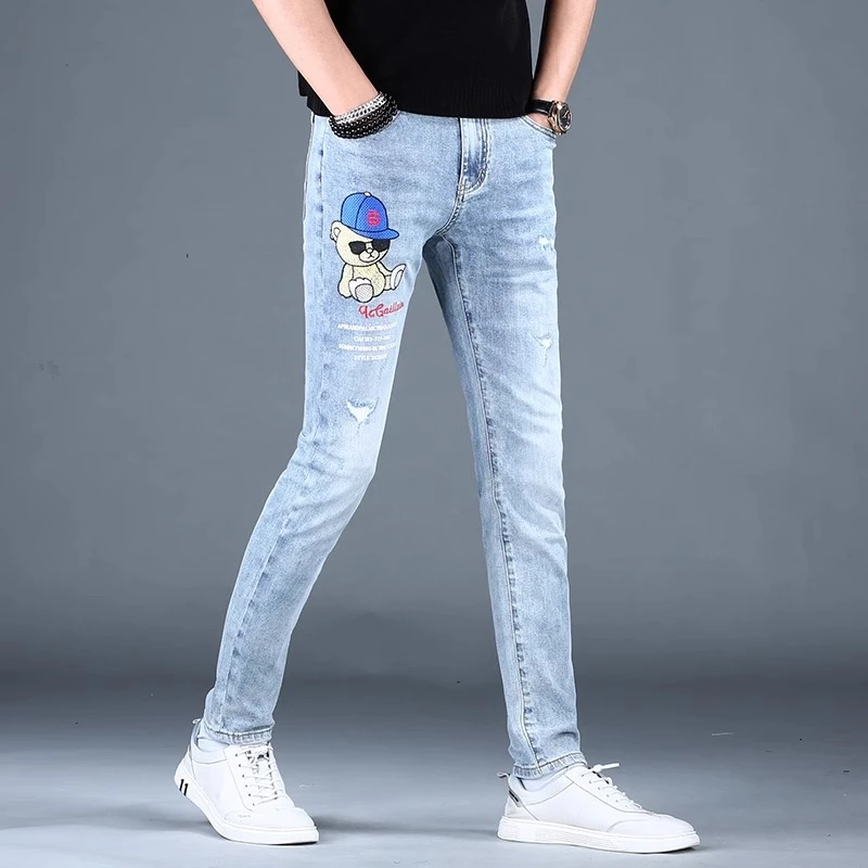 埃卢涅芬破洞浅色牛仔裤男士修身小脚春夏男裤刺绣潮牌新款休闲长