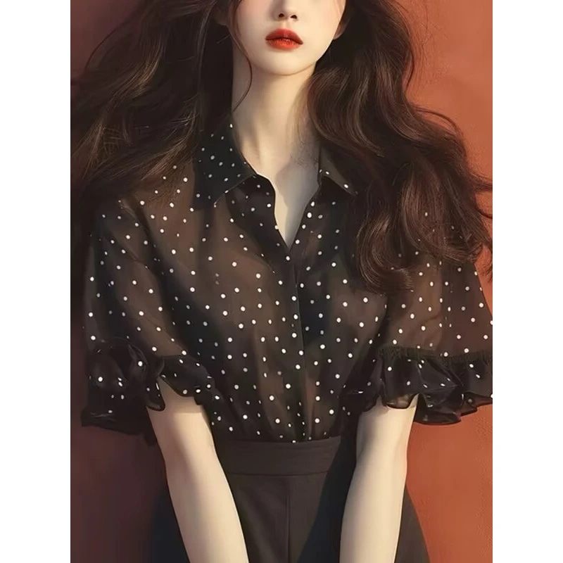 雪纺荷叶边波点短袖上衣女法式聚酯纤维高级气质新款黑色夏季
