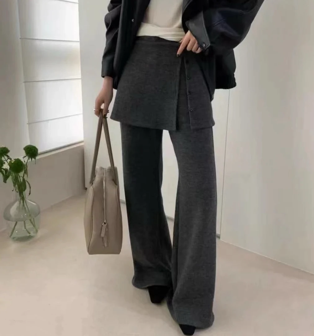 韩系两件套屁帘高腰显瘦微喇拖地休闲长裤女加绒加厚直筒百搭阔腿
