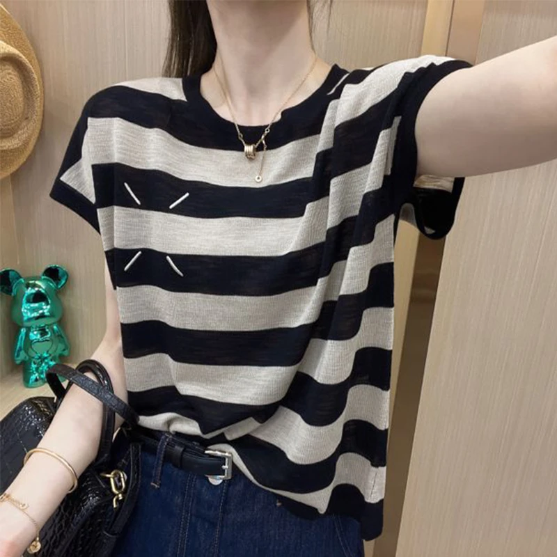 大码洋气条纹短袖T恤女2025夏季新款胖mm温柔显瘦气质针织衫上衣