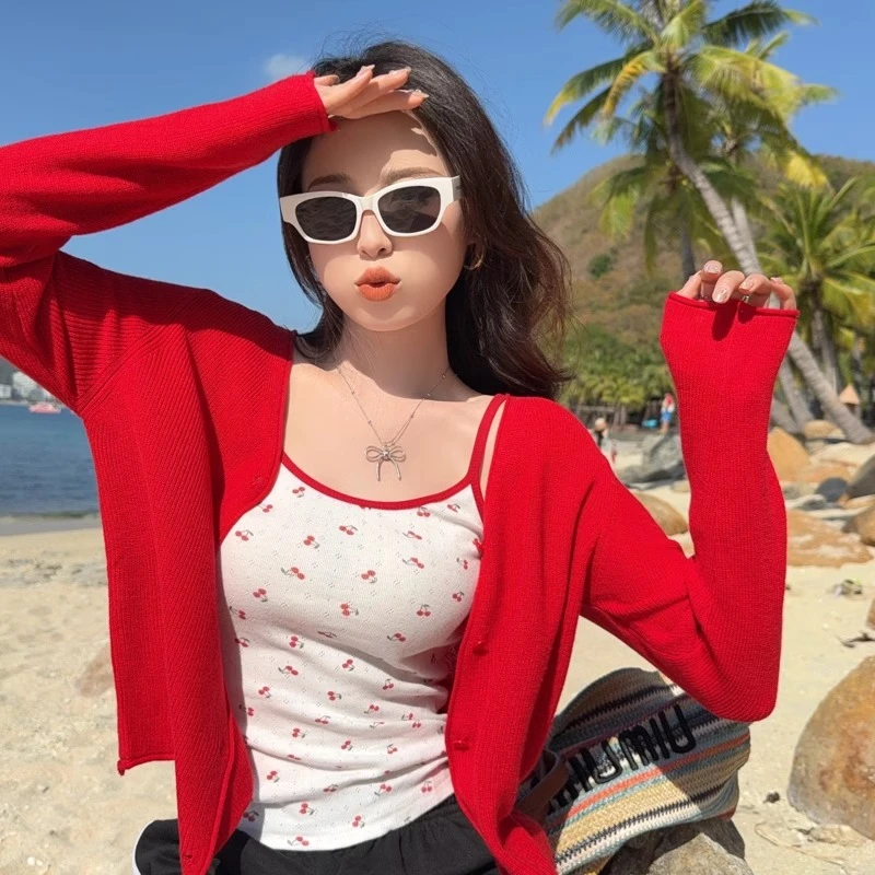 红色针织小开衫披肩外套女2025夏季新款宽松薄款防晒冰丝上衣外搭