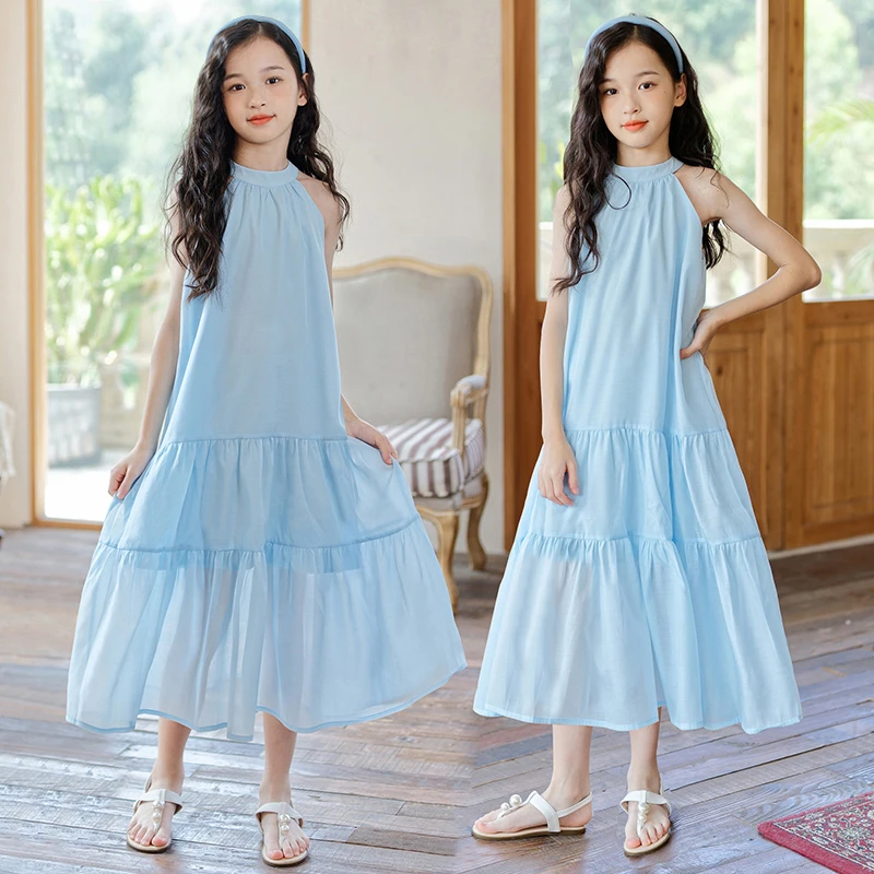 女童海边连衣裙夏季无袖挂脖吊带长裙2025韩版中大童儿童度假裙子