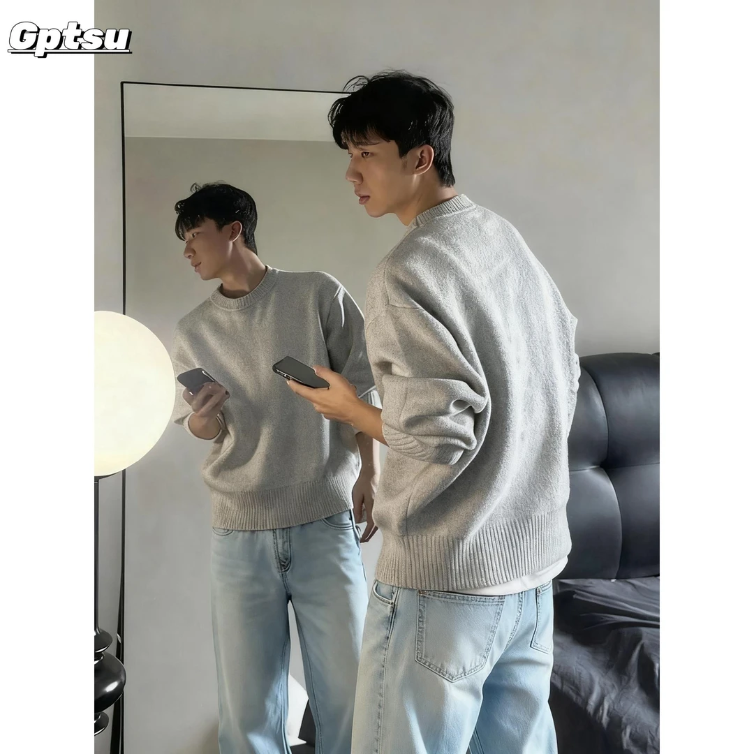 GPTSu浅灰色重磅圆领毛衣男女秋冬季松弛慵懒感针织衫内搭打底衫