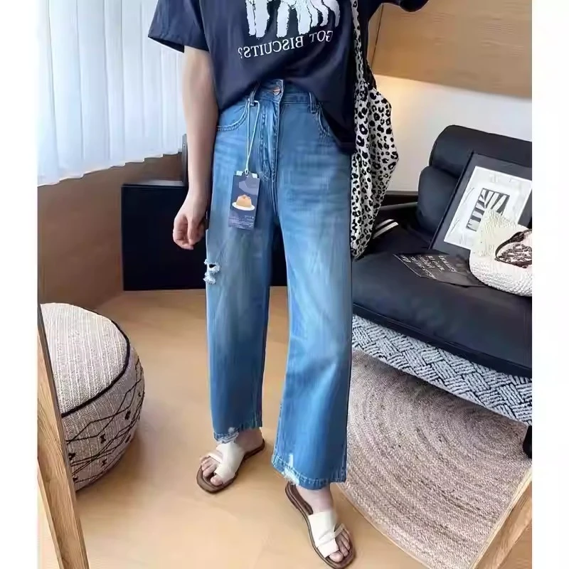 蓝色破洞天丝牛仔裤女夏季新款梨形身材宽松显瘦百搭九分直筒裤
