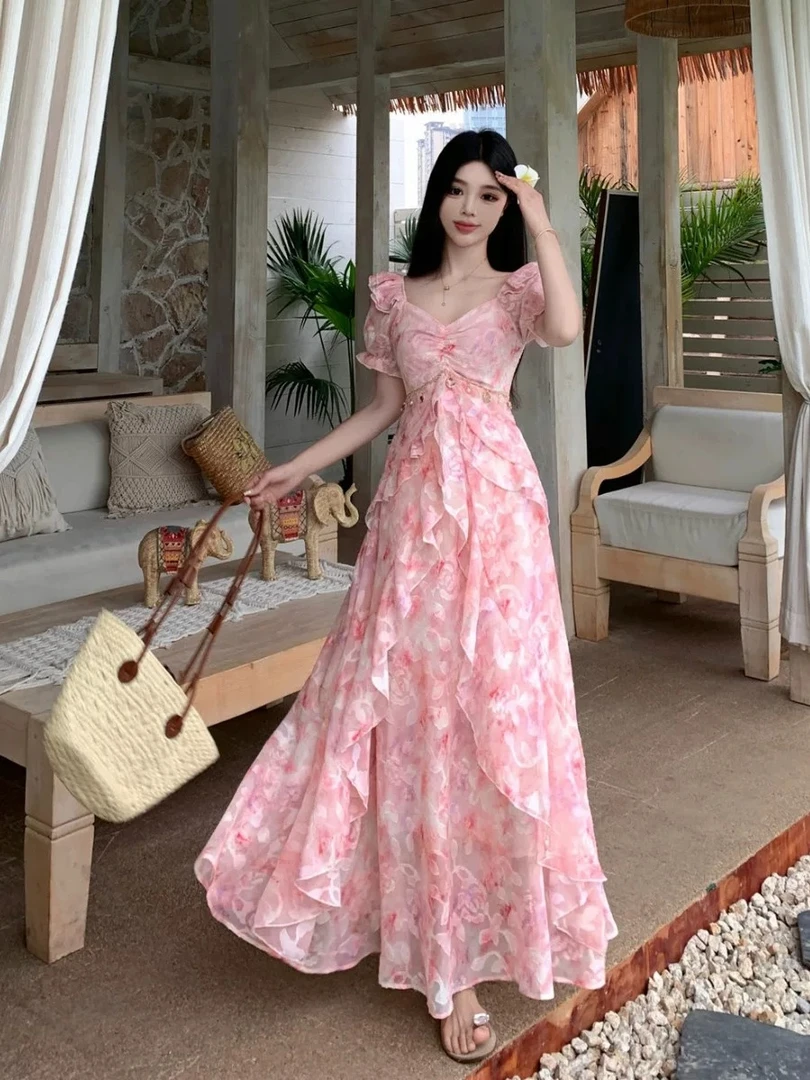 度假风v领连衣裙女夏季高级感法式裙子遮肚显瘦碎花长裙