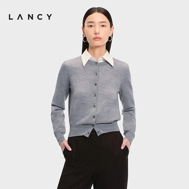 【纯羊毛】LANCY/朗姿2026春季新款简约百搭圆领短针织开衫外搭女