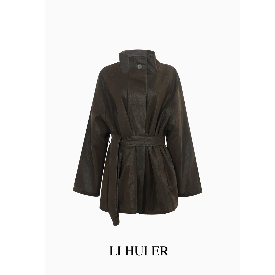 Li Hui Er【灰域公路】冬季新款气质修身中长款黑色皮衣外套女31317