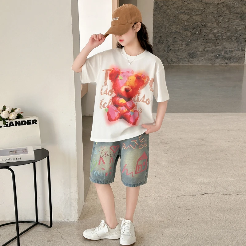 女童12-15岁夏装套装新款洋气15岁中大童女孩夏季短袖牛仔短裤