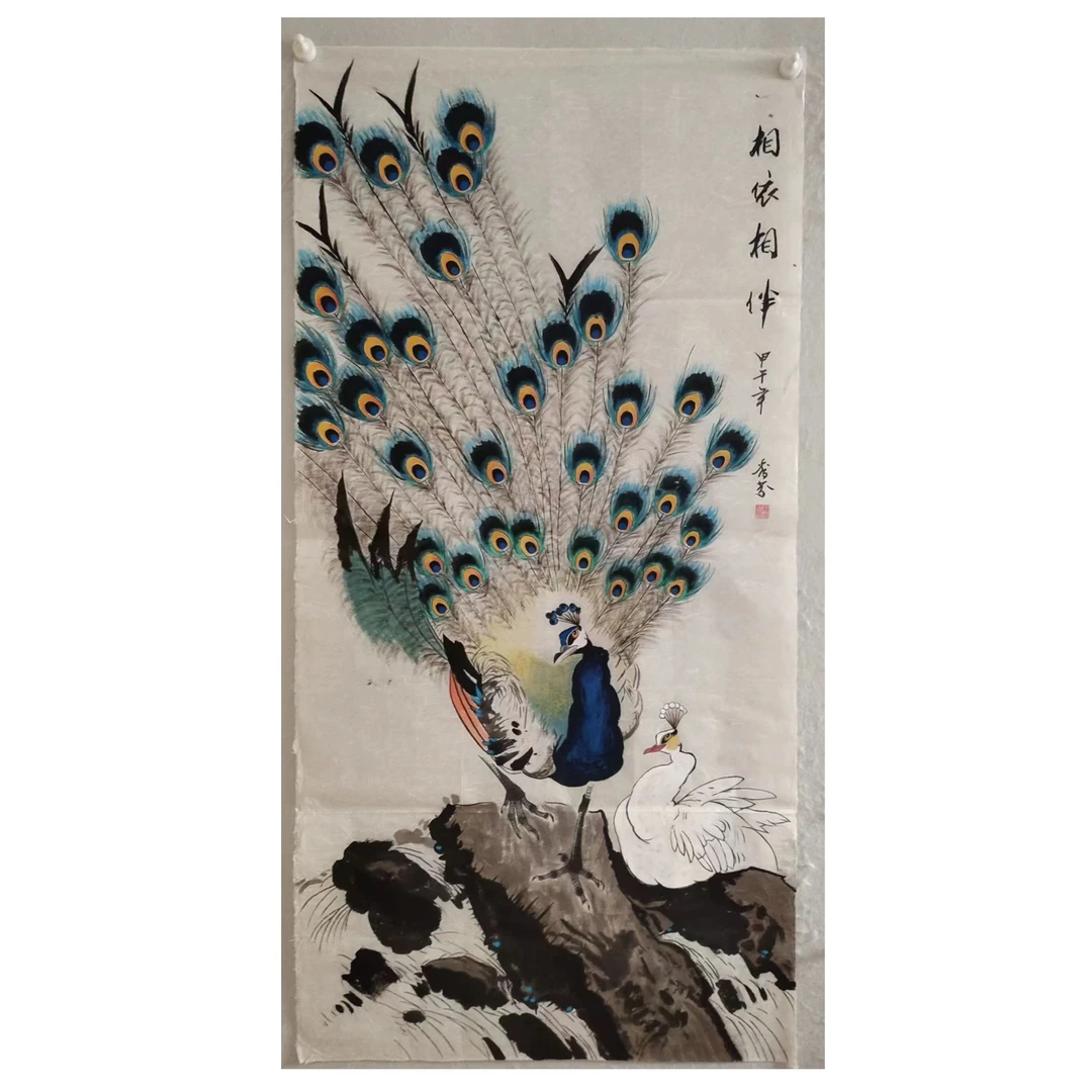 1965  纯手绘花老字画《相依相伴》中堂  尺寸 137×68