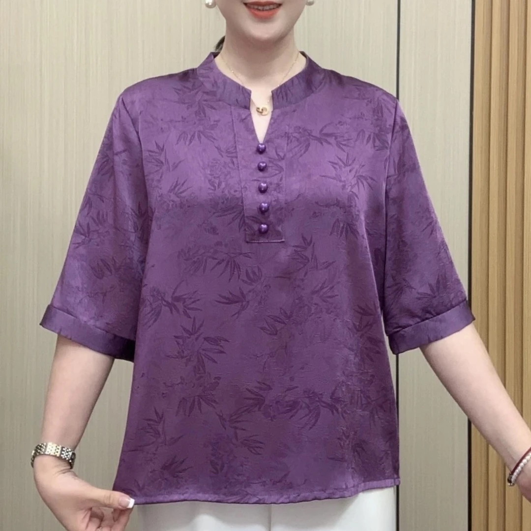 【竹报平安胭脂紫】新款V领洋气遮肉大码妈妈装宽松印花夏季小衫